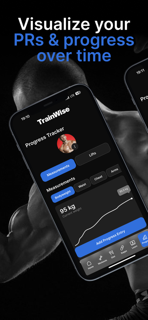 TrainWise app progress tracker screen showing a bodyweight trend graph and measurement categories for fitness tracking.