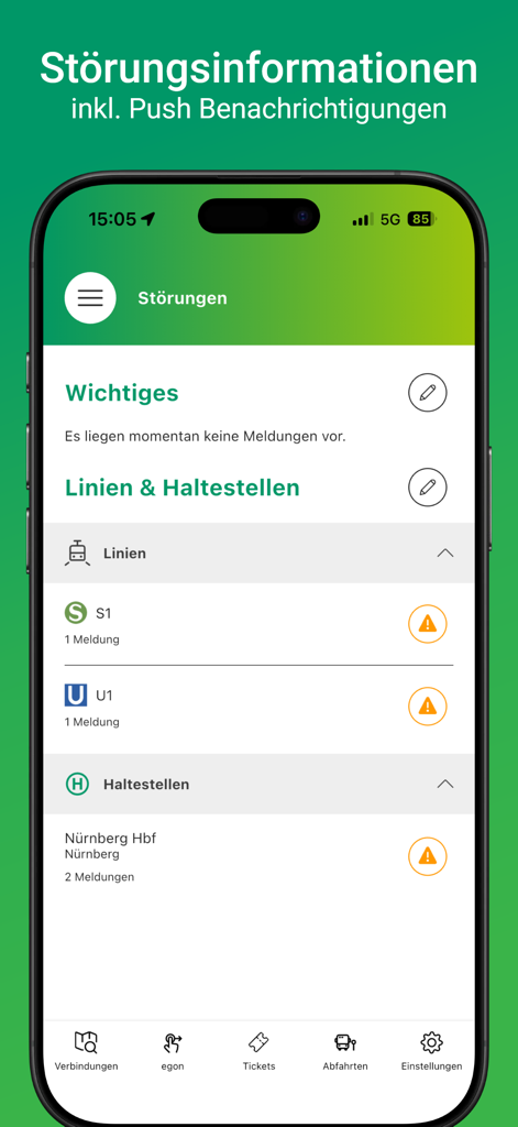 Capture d'écran de l'application VGN Transit montrant les alertes de perturbation en temps réel et les paramètres de notification push pour les lignes de train et de bus de Nuremberg.