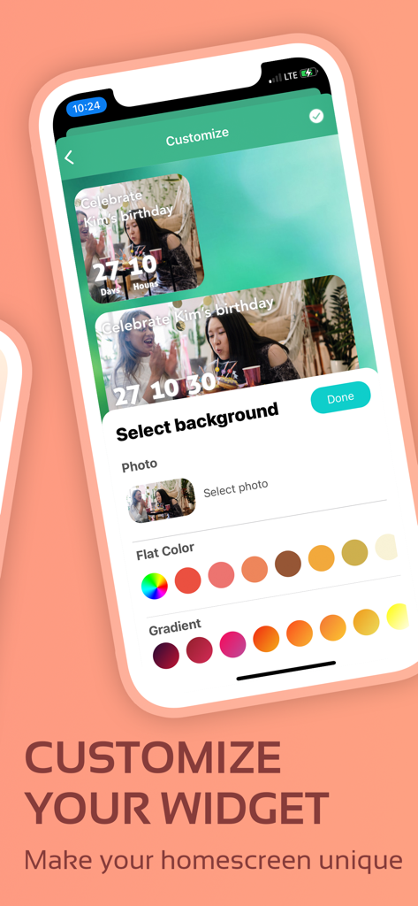 Countdown Widget Maker - Interfaz que muestra opciones de personalización de fondo para un widget de cuenta regresiva que incluye fotos, colores planos y degradados