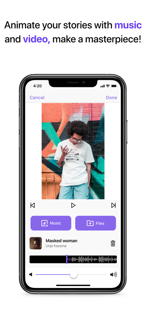 Story Templates & Reels Maker - A smartphone screen displaying an app interface for adding music and video to social media stories.