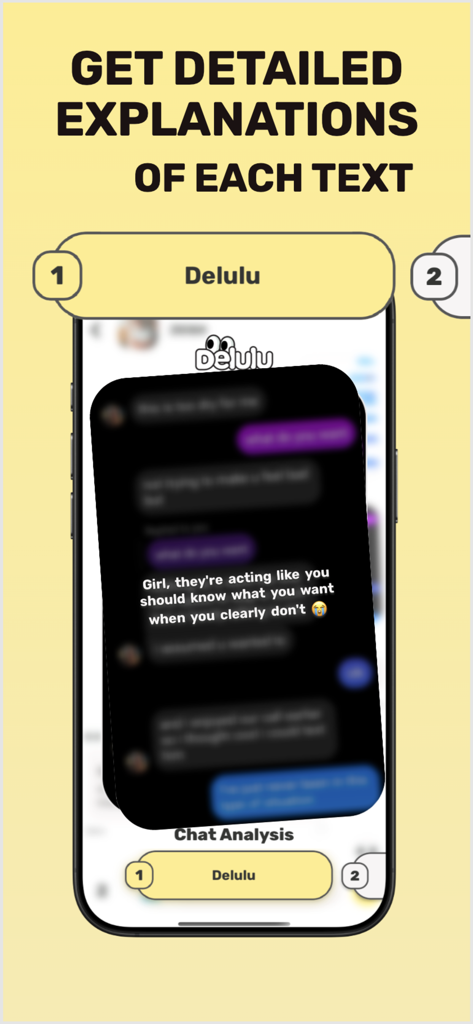 Delulu Ai - Relationship App - Pantalla de la aplicación Delulu AI que muestra una explicación detallada y análisis de una conversación de texto para obtener información sobre la relación.