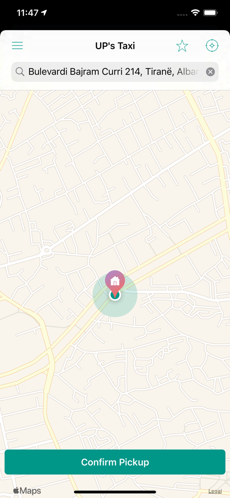 UP's Taxi - Interface do mapa do aplicativo móvel UP's Taxi para selecionar um local de retirada em Tirana, Albânia