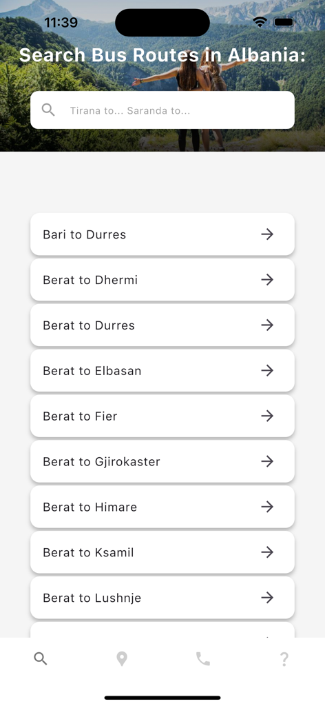 Albania Bus Timetable - Search interface of the Albania Bus Timetable app listing various city routes.