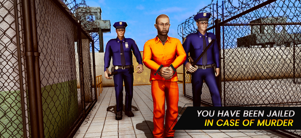 A man in an orange prison jumpsuit being escorted by two police officers in a jail yard with barbed wire fences.