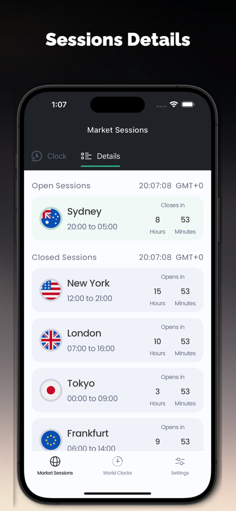 Interface d'application mobile montrant les sessions de marché Forex ouvertes et fermées avec des compteurs pour les centres financiers mondiaux