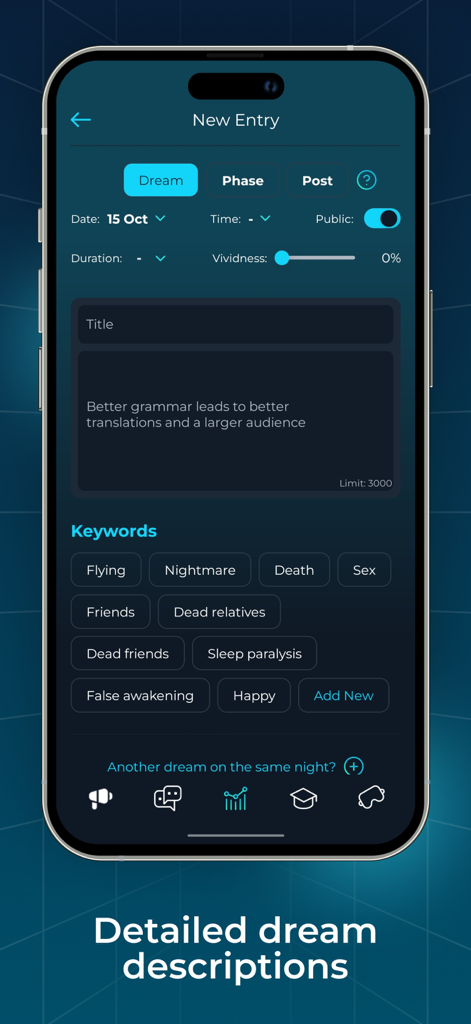 LucidMe app screen for recording a new dream entry with keywords and vividness slider