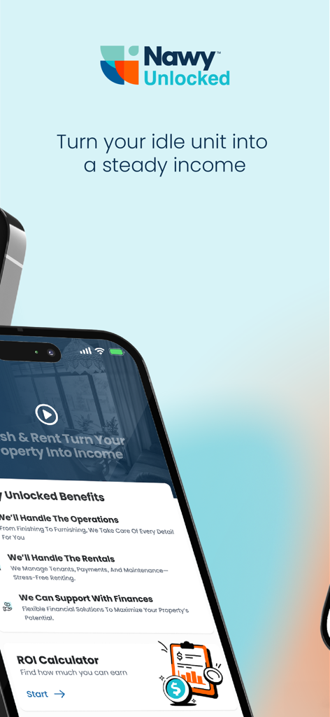 Nawy - Real Estate - Interface of Nawy Unlocked showing how to turn idle property units into steady income with management services and an ROI calculator