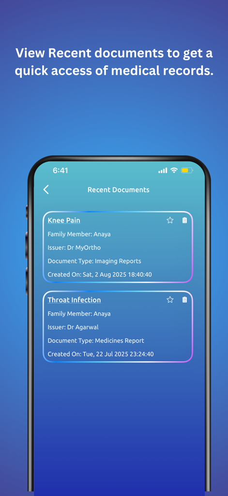 Screenshot of the MediTrack app Recent Documents screen showing family medical history entries for knee pain and throat infection