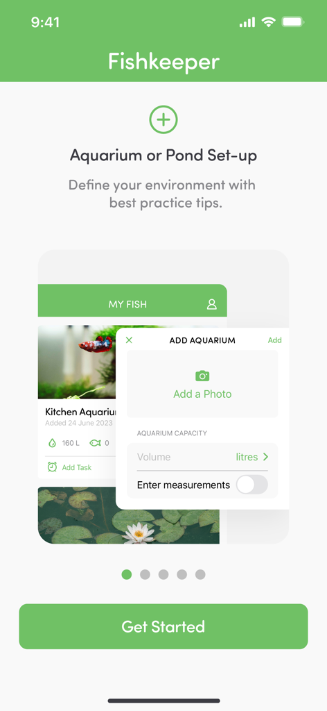 Fishkeeper - Pantalla de configuración en la aplicación Fishkeeper para agregar un acuario o estanque con detalles de capacidad