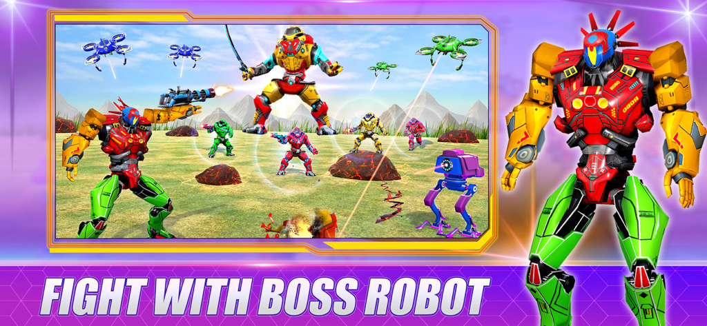 Robot Games - Mech War Games - Battle scene with multiple mechs fighting a giant boss robot