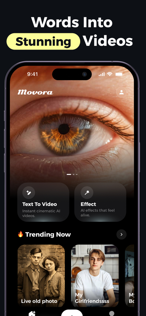 Interface de l'application mobile Pictory AI montrant la fonction texte en vidéo et les modèles tendance