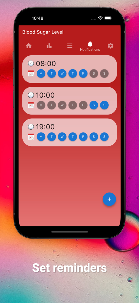 Blood Sugar Level - 毎日の血糖測定のためのスケジュールされたリマインダーが表示されたBlood Sugar Levelアプリのインターフェース。