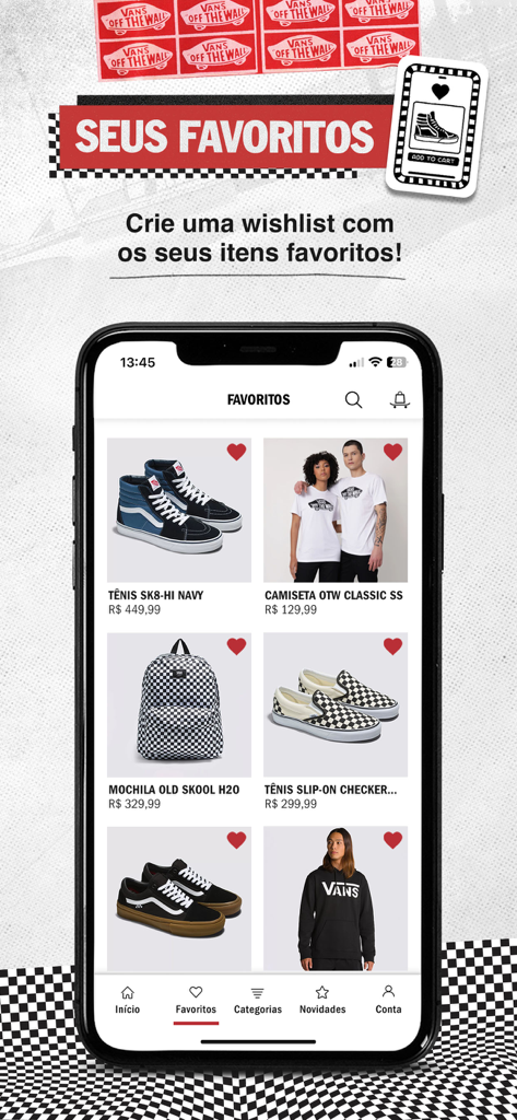 Vans - Schermata dell'app mobile Vans che mostra la sezione preferiti con una lista dei desideri di sneaker, t-shirt e zaini.