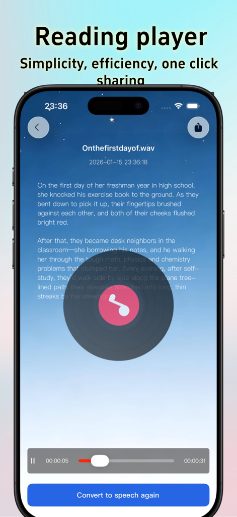 Text to Speech - With Emotion - Pantalla de la aplicación móvil que muestra una interfaz de reproductor de lectura con contenido de texto y controles de reproducción de audio para la conversión de texto a voz.