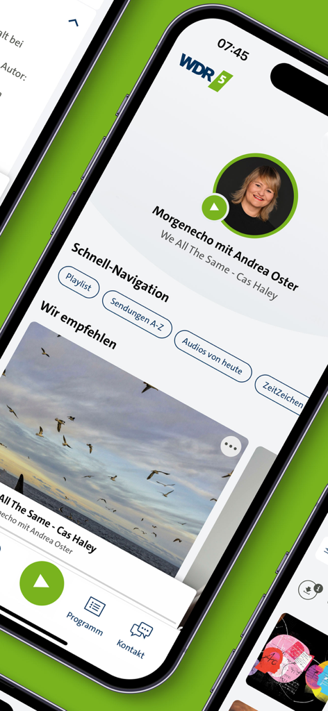 WDR 5 - Interface of the WDR 5 radio app on a smartphone displaying the Morgenecho program and quick navigation menu