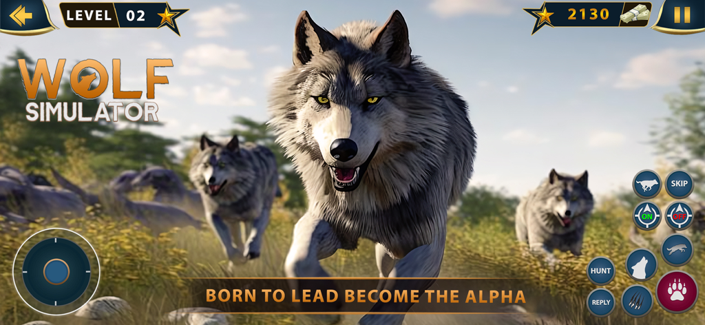 The Wolf Life Survival - A pack of wolves running through a grassy field in the Wolf Life Survival mobile game