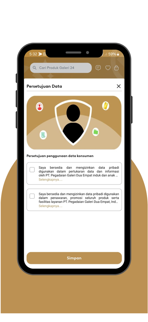 Data privacy and consent screen within the Galeri 24 mobile app