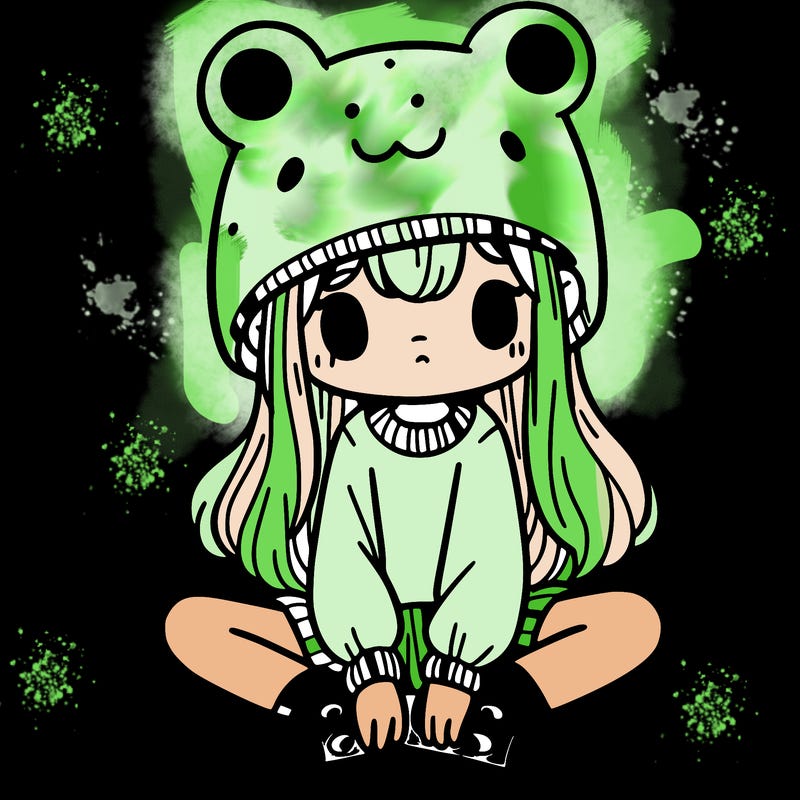 a girl wearing a frog hat and some frog socks