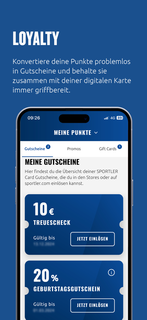 Sportler App - Loyalty rewards screen in the Sportler App showing digital coupons and vouchers