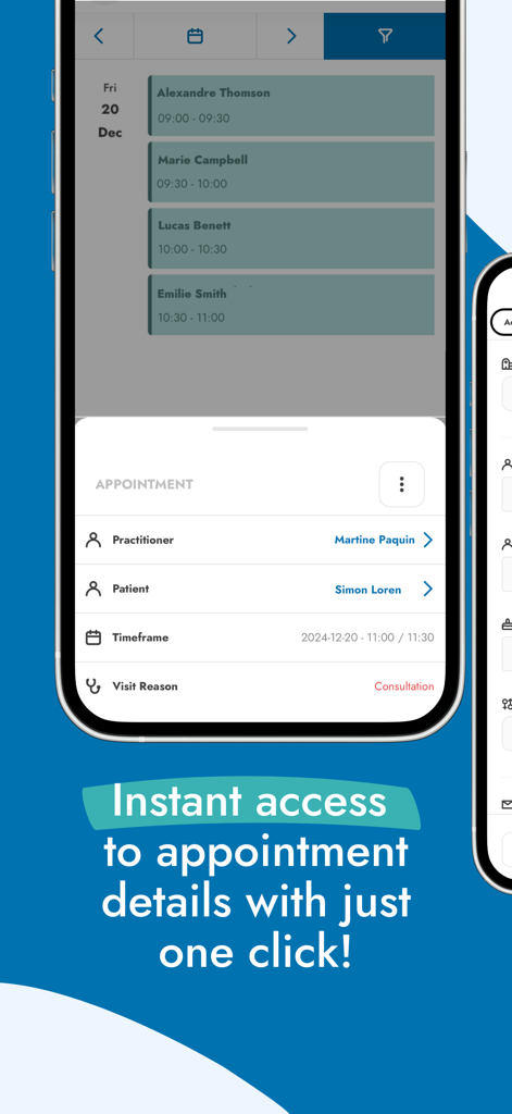Doctena Pro app interface displaying specific patient appointment details and a daily consultation schedule.