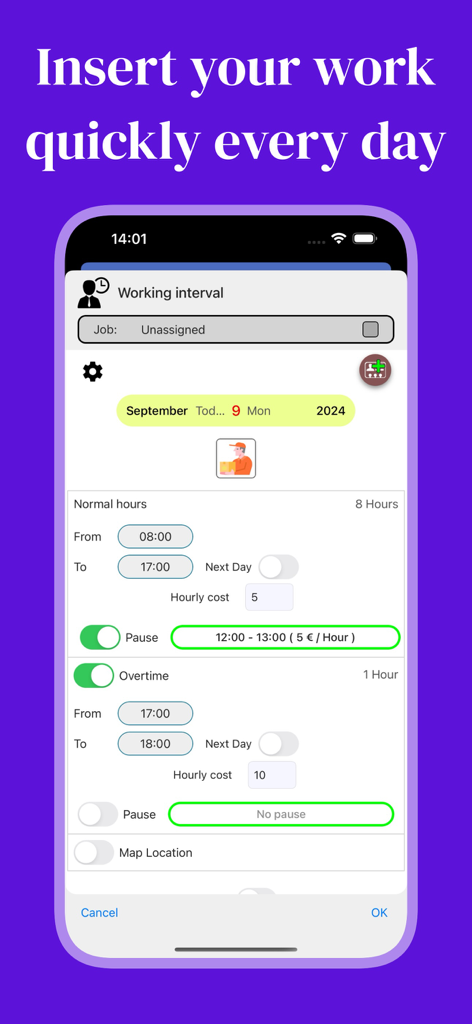 Working Hours 4b - Smartphone screen displaying the Working Hours 4b interface for entering daily shift hours and overtime.