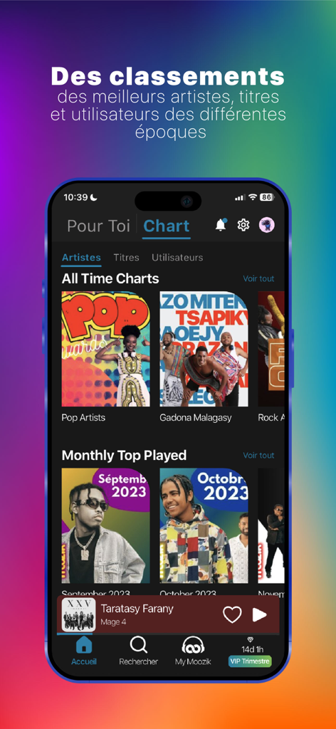Moozik : Musique et Karaoké - Moozik app interface displaying top Malagasy artists and monthly music charts.