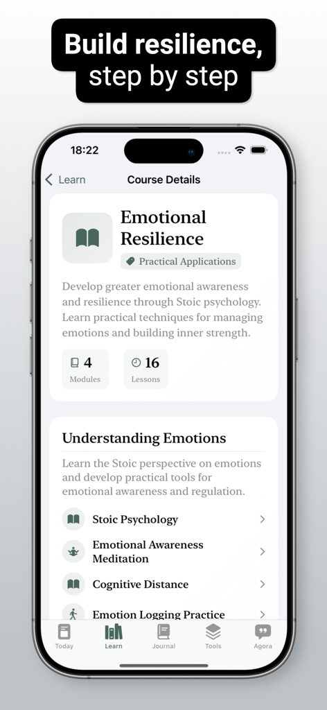 Stoicism - Praxis - Interface of the Stoicism Praxis app showing the Emotional Resilience course details and lessons