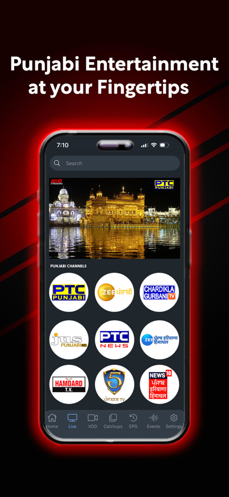 KaroStream - KaroStream mobile app interface displaying a live stream and icons for various Punjabi entertainment and news channels