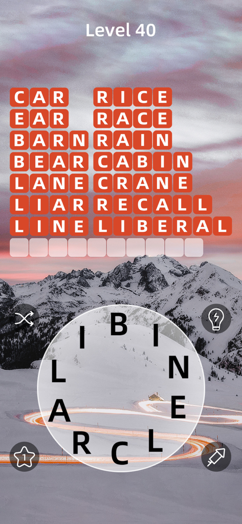 Gameplay of Zen Word showing solved word puzzles over a snowy mountain landscape