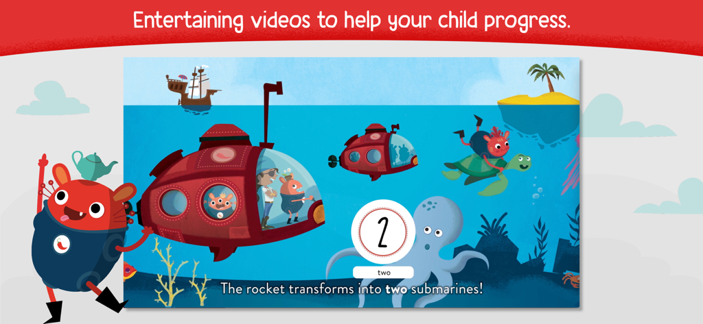 Vídeo educativo de Pili Pop que muestra submarinos y el número dos para niños que aprenden inglés.