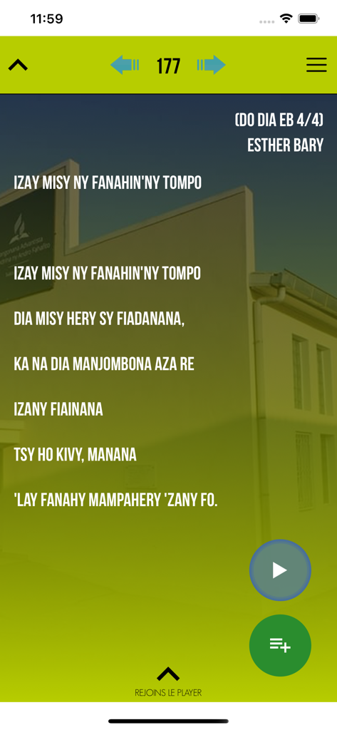 Fihirana Advantista - Malagasy Adventist hymn lyrics screen with playback and playlist controls