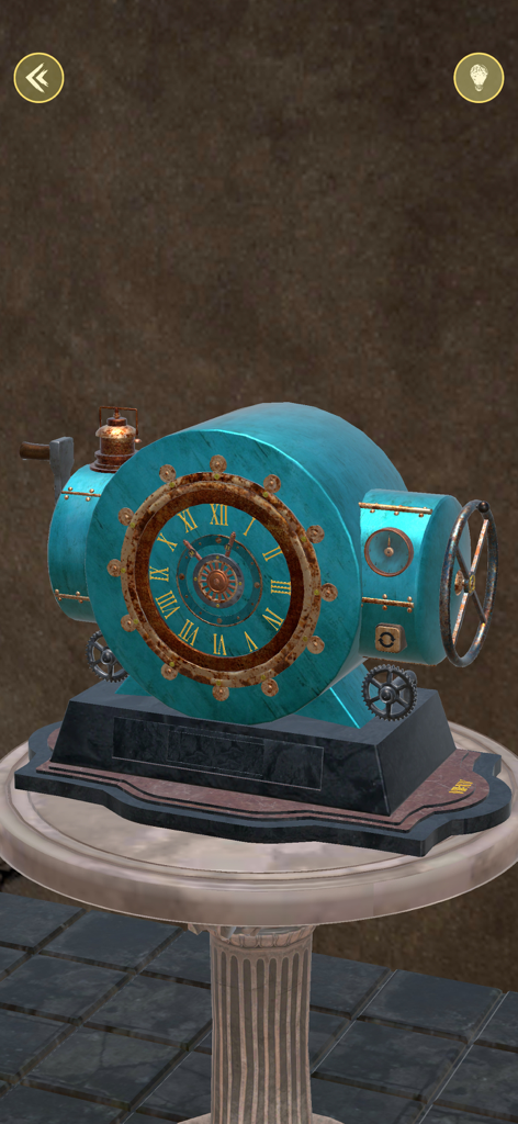 Odd Machines: Escape a Temple - 石の部屋の大理石の柱の上に置かれた、時計の文字盤と歯車が付いたティール色の3Dメカニカルパズルボックス
