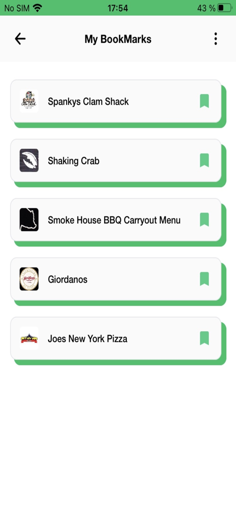 Una interfaz móvil para la app de menús que muestra una lista de restaurantes locales marcados como favoritos como Shaking Crab y Giordanos.