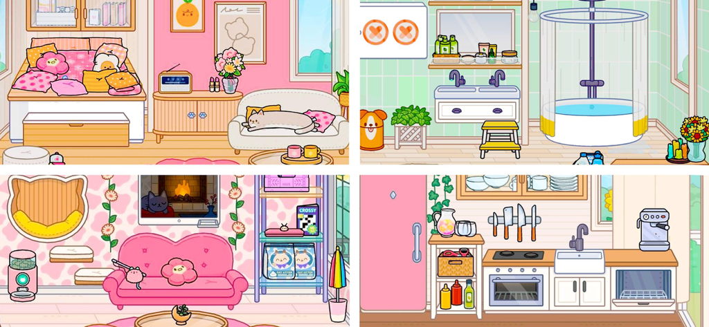 Inneneinrichtungsansichten eines Schlafzimmers, Badezimmers, Wohnzimmers und einer Küche im Spiel Prinzessinnen-Traumhaus