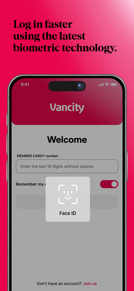Vancity mobile banking login screen featuring Face ID biometric authentication