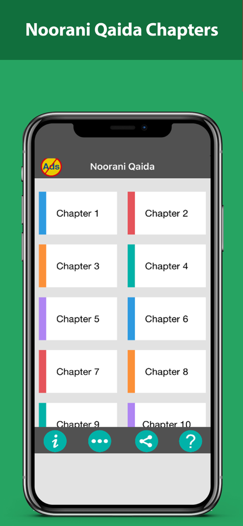 Noorani Qaida – Learn Quran - Noorani Qaida app screen showing a list of chapters for learning the Quran