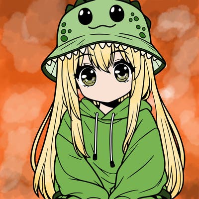 girl with anime shaped eyes with a dinosaur bucket hat oversized sweatshirt long straight hair