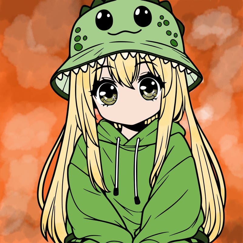 girl with anime shaped eyes with a dinosaur bucket hat oversized sweatshirt long straight hair