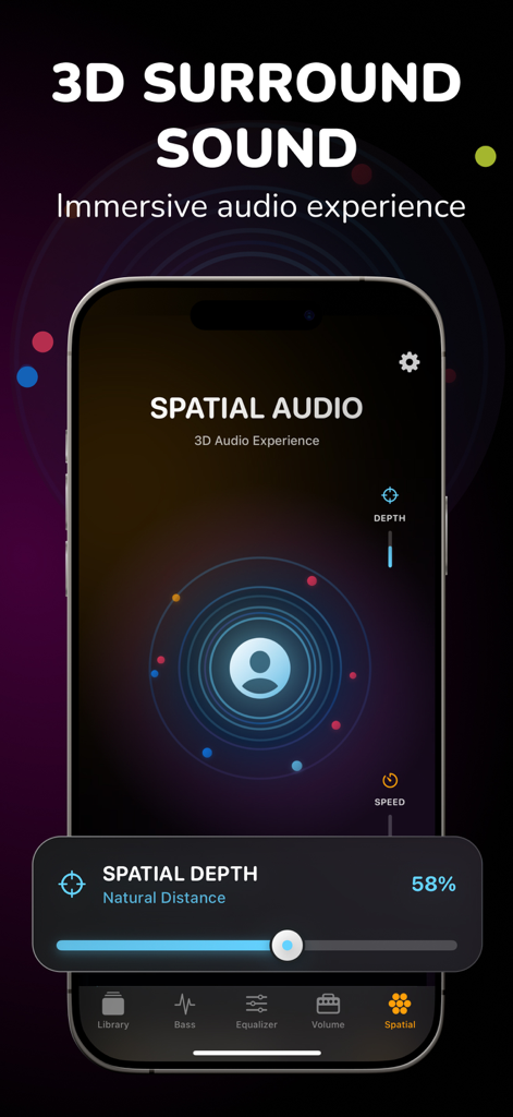 Una pantalla de smartphone que muestra configuraciones de audio espacial para una experiencia de sonido envolvente 3D.