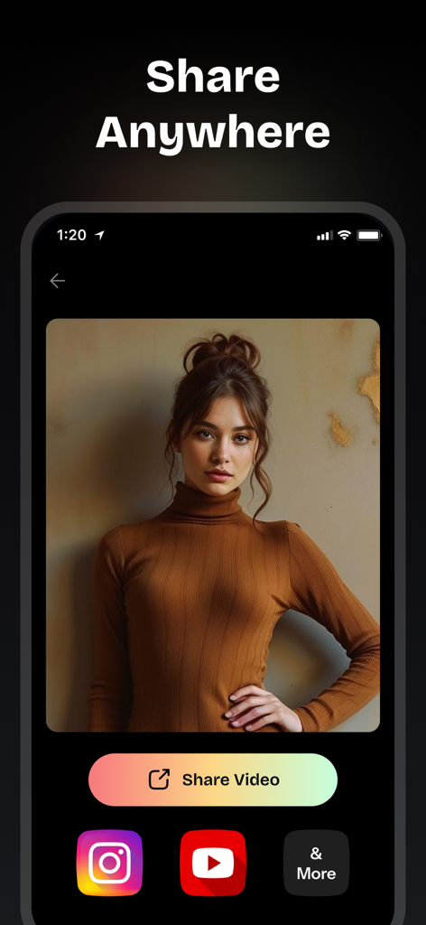 Text To Video AI - Vixora - Interface of the Vixora app displaying a generated AI video and buttons to share on social media platforms like Instagram and YouTube