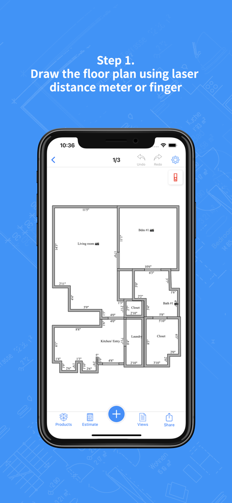 MeasureSquare Mobile - A professional floor plan layout being drawn within the MeasureSquare Mobile app on a smartphone screen.