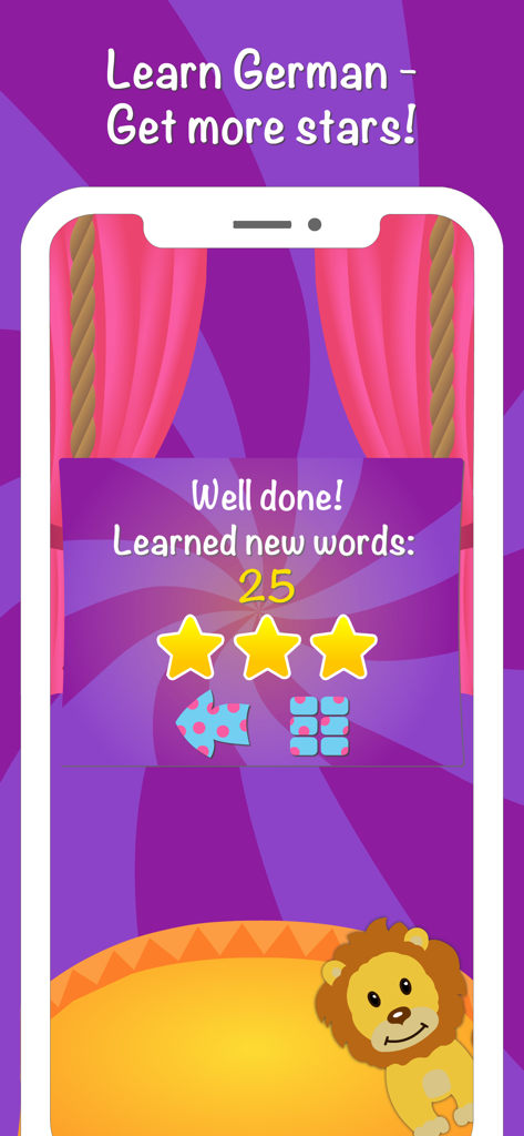 Achievement screen showing three stars and twenty five new words learned in the German language for kids Pro app