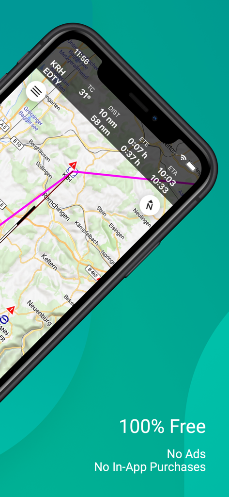Screenshot der mobilen App Enroute Flugnavigation, der eine Moving Map mit Flugroute und Details zur kostenlosen Nutzung zeigt