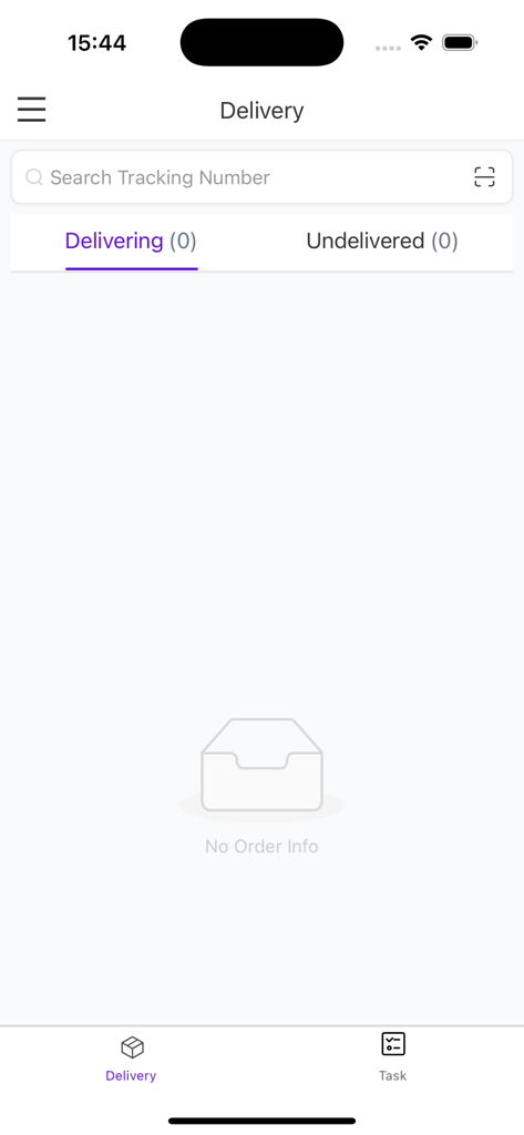 SwiftX Driver - SwiftX Driver mobile App Zustellungsverfolgungs-Oberfläche, die null Bestellungen in den Tabs 'Zustellung' und 'Nicht zugestellt' zeigt