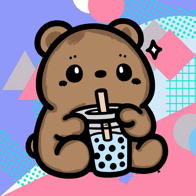a cute bear drinking boba