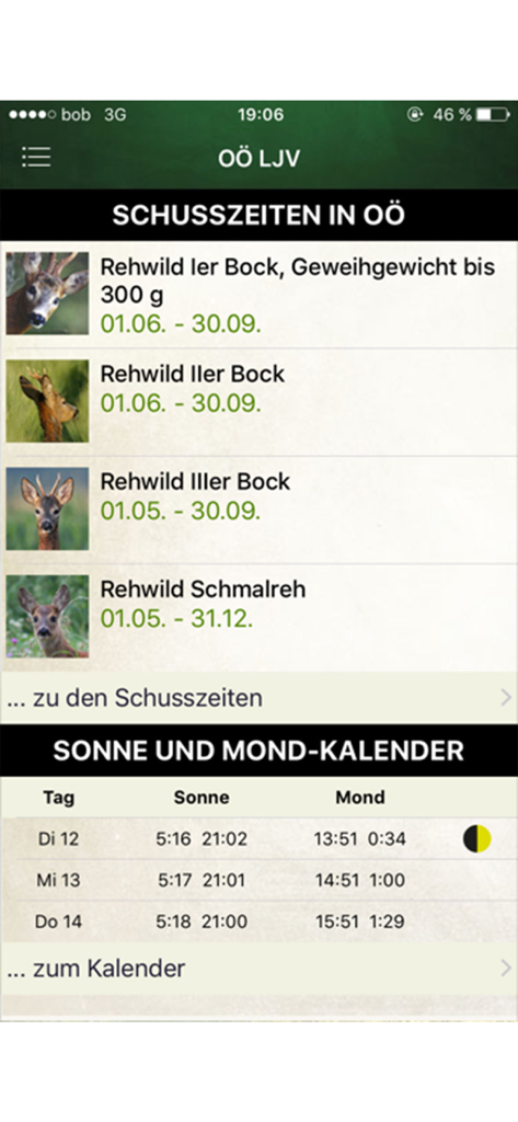 OOE LJV App-Bildschirm mit Jagdsaisons für Hirsche und einem Sonnen- und Mondkalender
