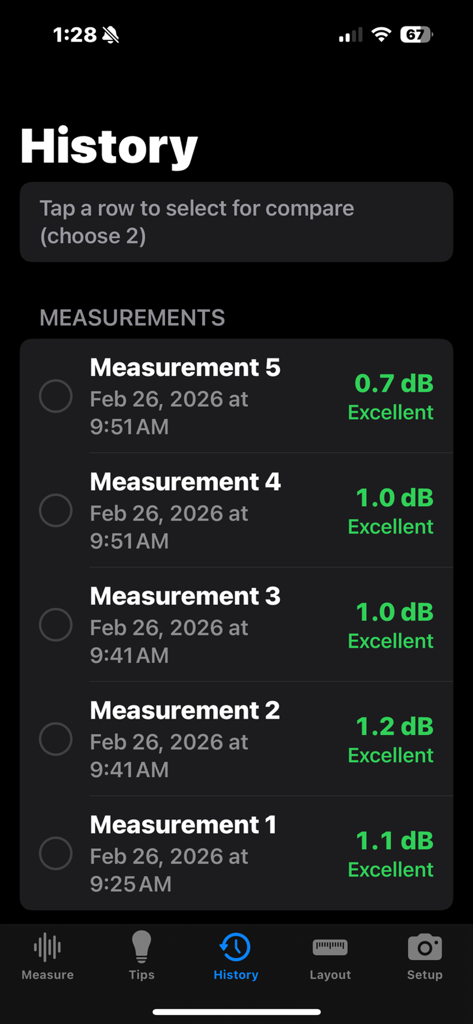 HiFi Setup: Bass & Speakers - Verlaufsbildschirm der HiFi Setup App, der eine Liste aufgezeichneter Audio-Messungen mit Dezibel-Pegeln und exzellenten Bewertungen anzeigt.