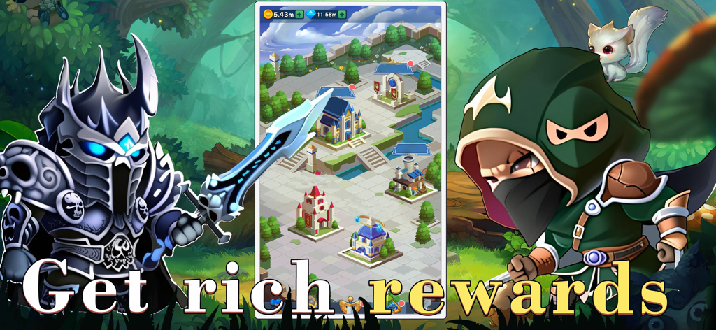 Chibi fantasy heroes next to a city management screen in Tempest Bastion with text Get rich rewards