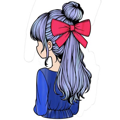 realistic girl  with hip length hair a bun and a big bow on the back of head
