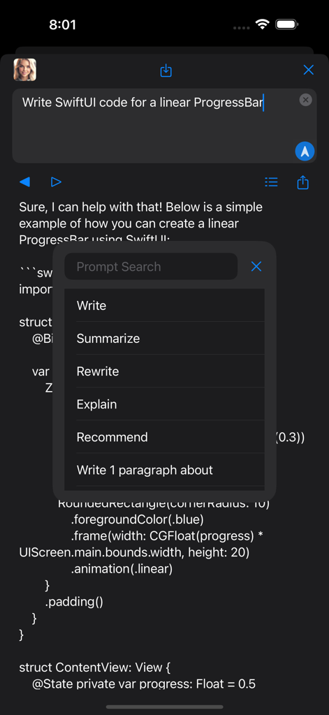 Jen-AI mobile app screen showing a chat interface for generating SwiftUI code with a task selection menu